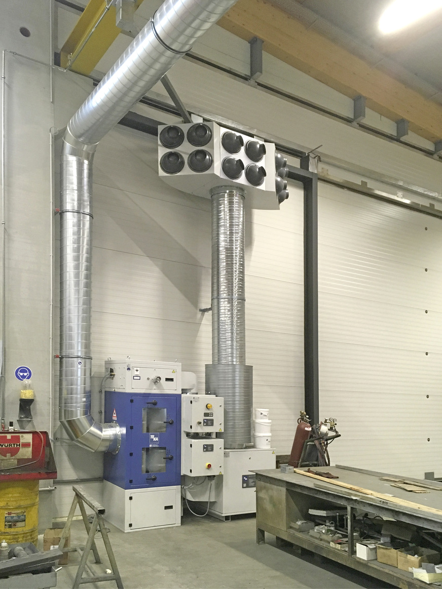 Verschmutze Luft wird im Deckenbereich angesaugt, zur Filteranlage ZPF transportiert und hier gefiltert.