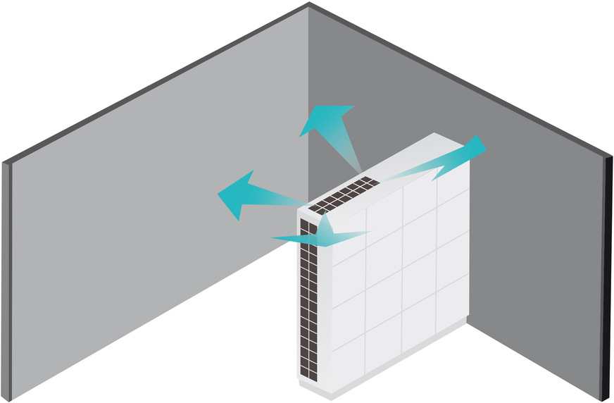 Coanda-Luftstrom bei einem Bodengerät Duplex Vent 1200, platziert als Raumteiler. Luftmenge und Luftrichtung werden durch einstellbare Gitter justiert.