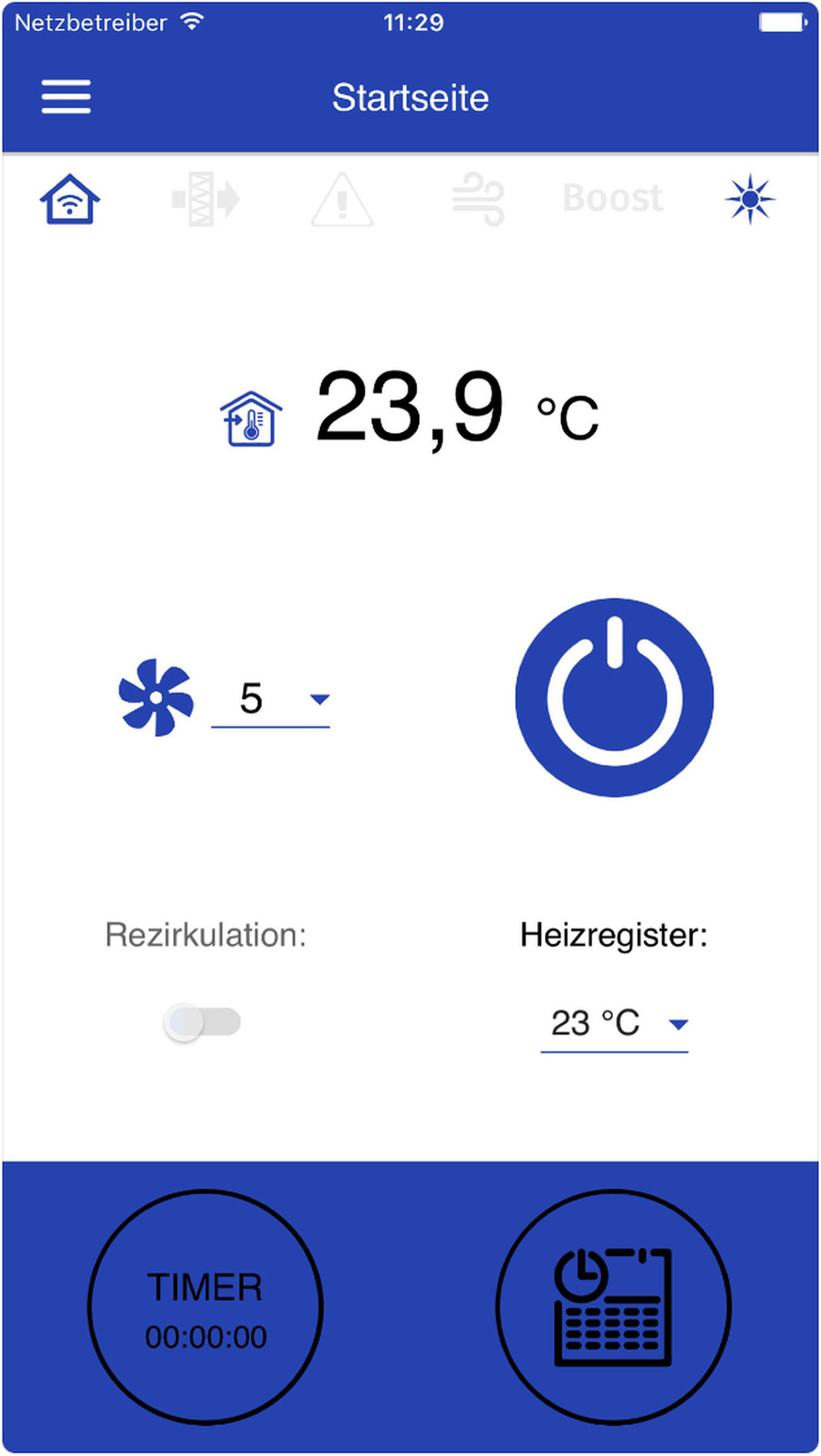 Die Startseite der App-Steuerung zeigt unter anderem die Zimmertemperatur, die aktuell eingestellte Lüftungsstufe sowie bei einer Ausführung mit Heizregister die eingestellte Temperatur an.