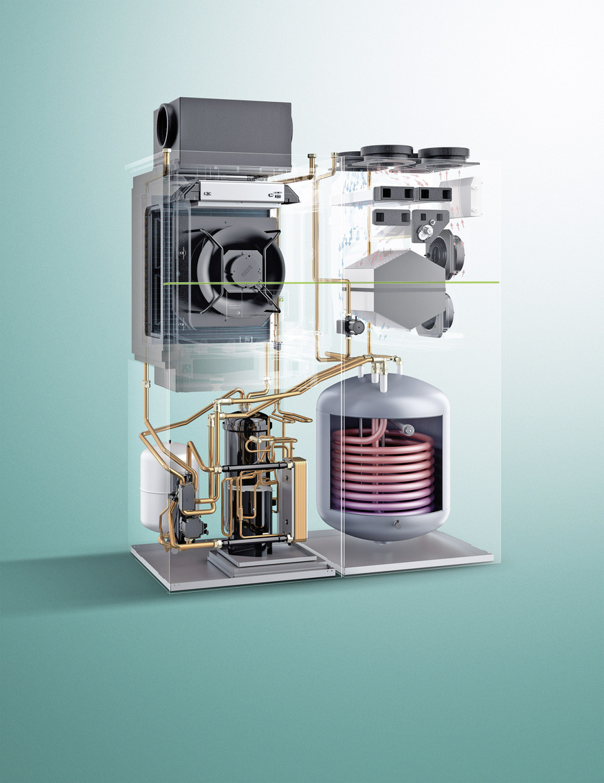 All-in-one-Wärmepumpen verbinden die Techniken Wärmepumpe, Warmwasserspeicher, zentrale Lüftungsanlage, Hydraulik, Pumpen, Regelung etc. in einem gemeinsamen Gehäuse.