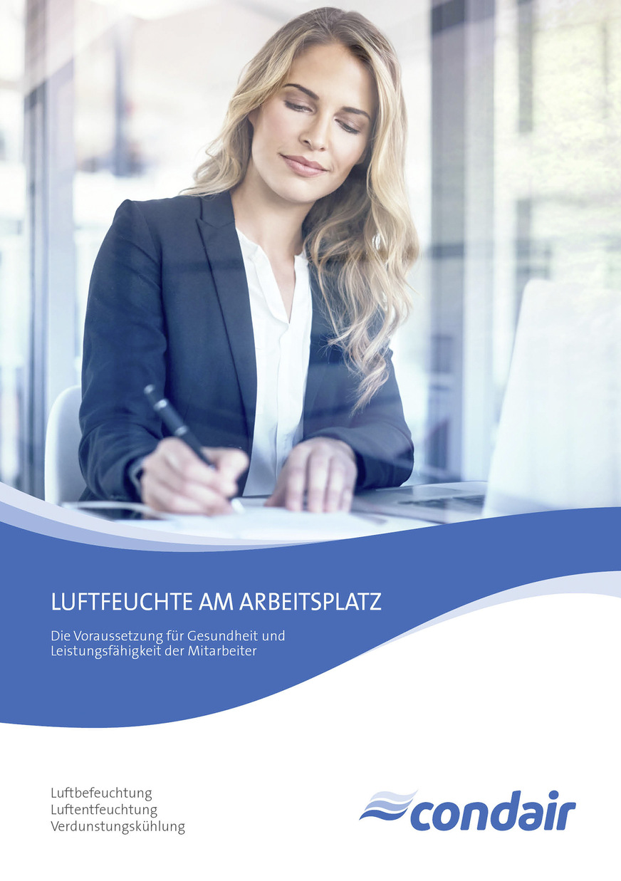 Die Broschüre „Luftfeuchte am Arbeitsplatz“ behandelt Aspekte der Luftbefeuchtung und Argumente für eine Mindestraumluftfeuchte von 40 Prozent.