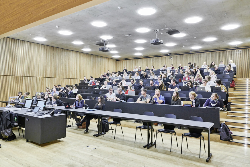 Die Leichtbauwände der 16 Hörsäle sind durch Akustikpaneele mit vertikalen Leisten verkleidet. Die Überströmelemente Indusilent als Sonder­anfertigung bewirken die freie Überströmung der Luft vom Inneren des Hörsaals in den Flur.