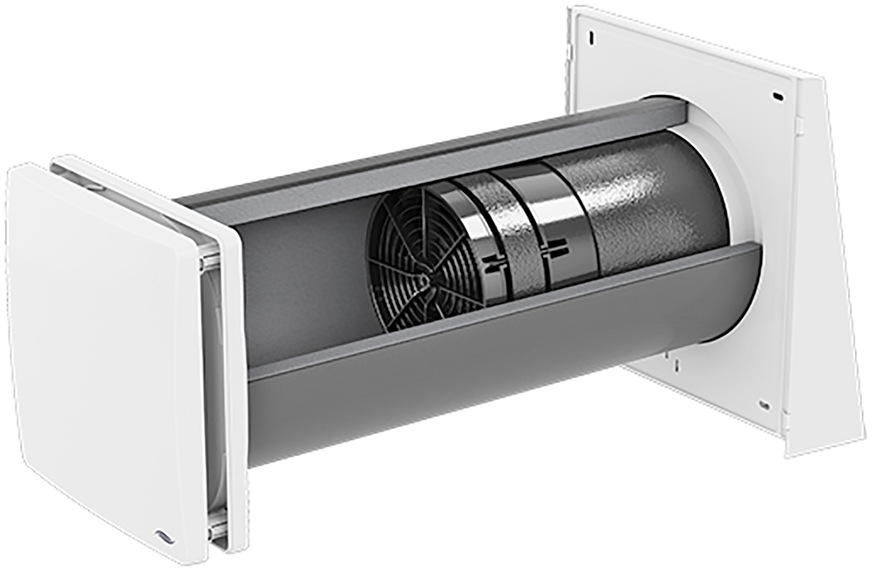 Aufbau des Lüftungsgeräts, das auch in einer Variante für die Fensterlaibung sowie zusammen mit einem Wandeinbausystem vorliegt.