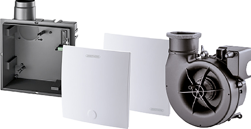 Das Einzelraumlüftungssystem Zewo ER-EC ist ein übersichtliches System mit wenigen Komponenten: Abdeckung, Ventilatoreinsatz, Unterputzkasten.