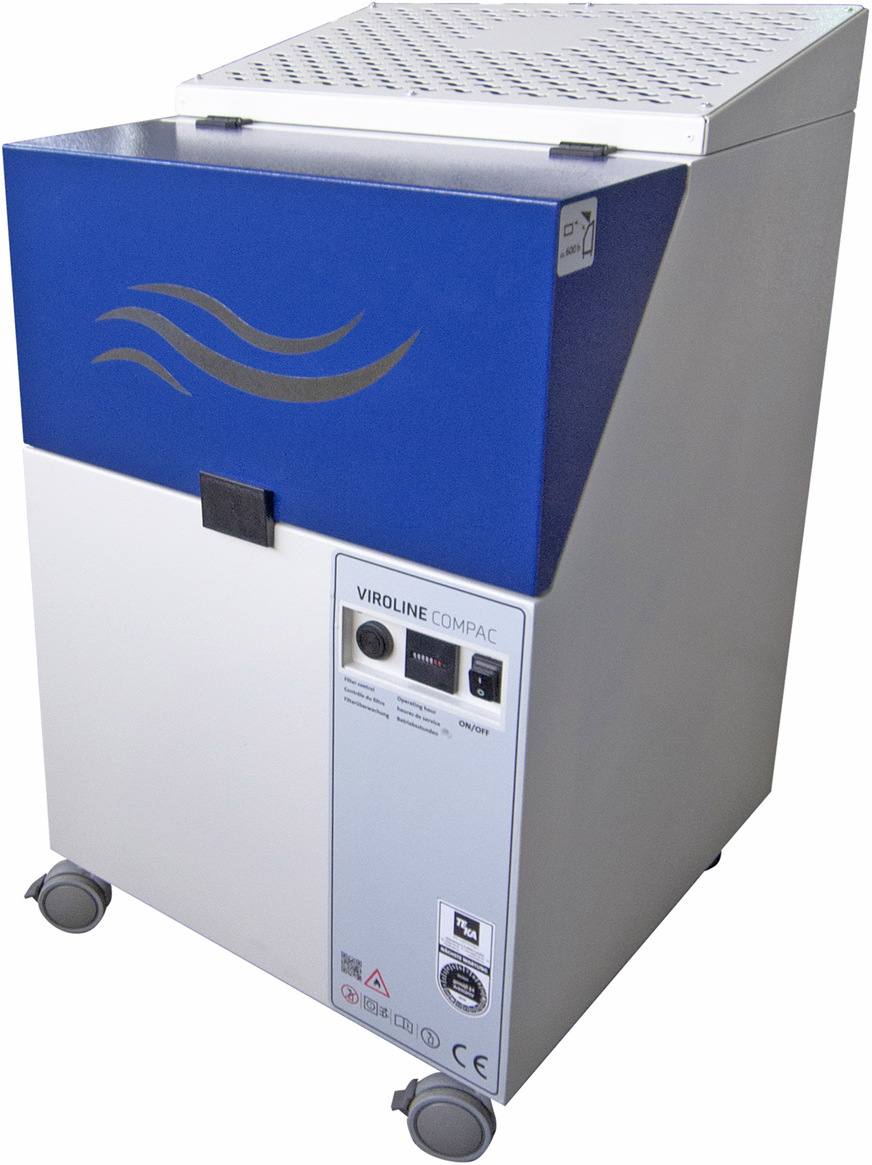 Der mobile, kleinformatige Luftreiniger Viroline Compac erreicht eine Absaugleistung von bis zu 750 m³/h.