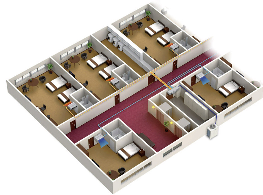 Die VRF R2-Technologie kommt mit nur zwei Rohrleitungen zum simultanen Heizen und Kühlen aus. Durch ihre Wärmerückgewinnungsfunktion tragen sie erheblich zur Senkung des Energieverbrauchs bei. Als Hybrid VRF-System fließt zwischen dem Hybrid-Kältemittelverteiler und den Innengeräten nur Wasser als Trägermedium.