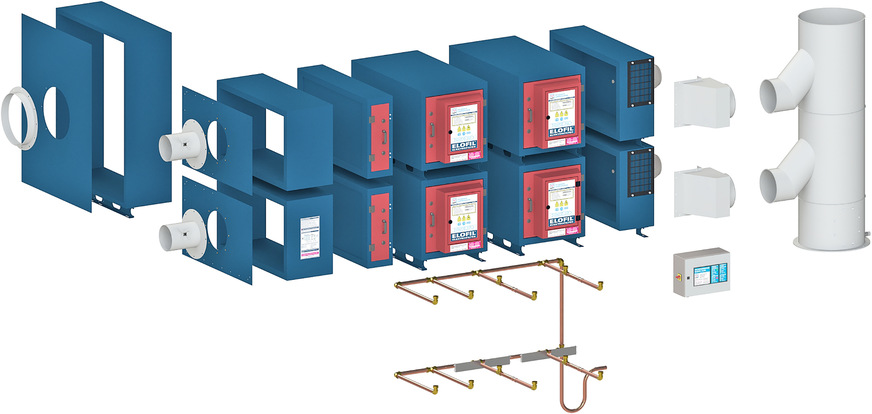 Beispiel-Aufbau Elektrofilter Elofil MS 8ERV150 mit 8800 m³/h Absaugleistung - durch das Modulsystem einfach erweiterbar im Bereich von 1000 bis 100.000 m³/h.