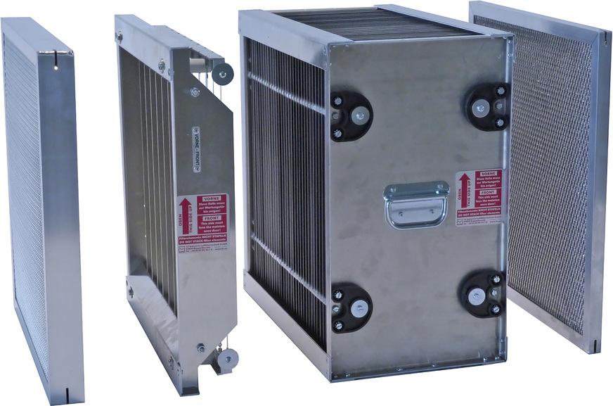 Ein Filtersatz (Vor- und Nachfilter) in einem Elektrofilter Elofil MS. Durch den speziellen Aufbau von Ionisator und Kollektor wird die einfache Reinigung möglich. Das Ionisationselement Dodra erreicht 25 Prozent mehr Abscheideleistung als andere Verfahren.