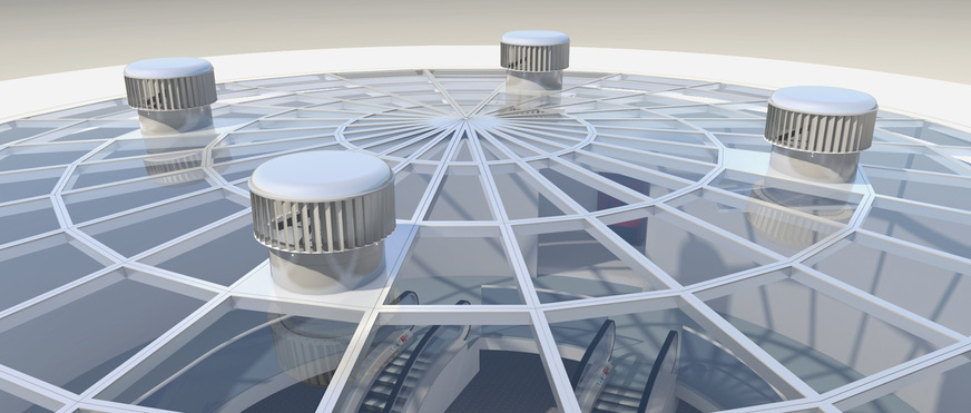 Bild 2: Glasdach des Treppenhauses eines Shopping Centers, entlüftet durch drei Ventilatoren EcoPower.