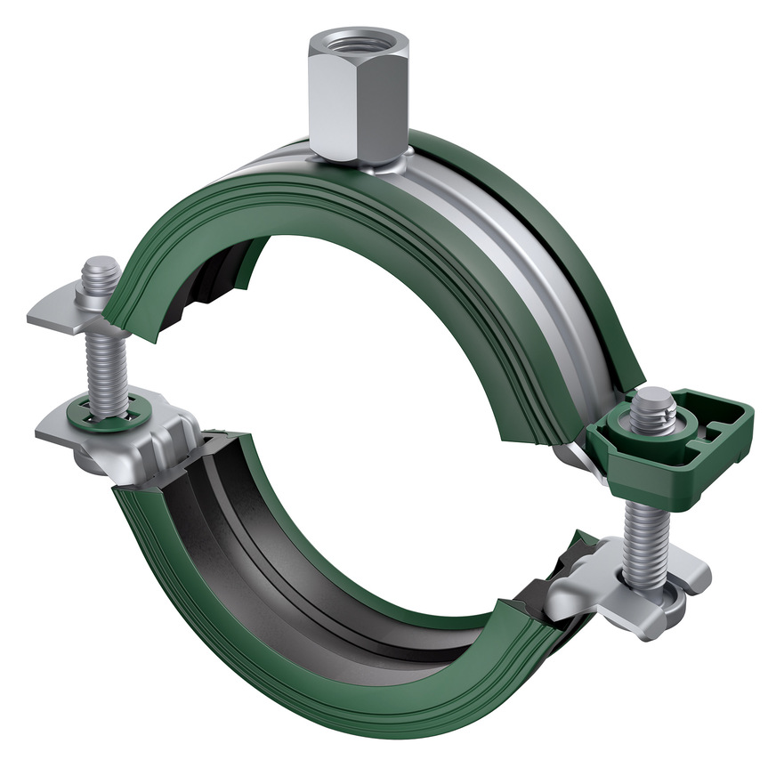 Bild 8: Rohrschelle Bifix G2 mit Einlage für Stahl-, Kupfer-, Gusseisen-, ­Kunststoff- sowie Mehrschichtverbundrohre und mit Sicherheitsschnell­verschluss unterschützen den Schallschutz nach DIN 4109.