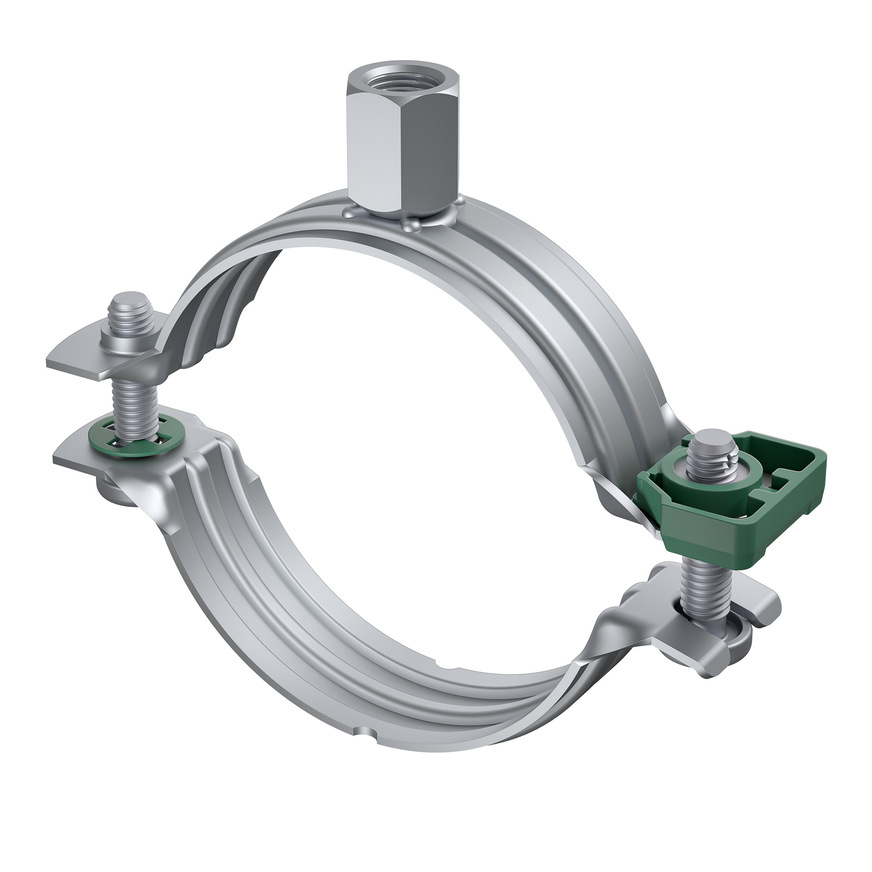 Bild 9: Rohrschelle Bifix G2 ohne Einlage für gedämmte und ungedämmte Stahl-, ­Kupfer-, Guss-, Mehrschichtverbund- und Kunststoffrohre. Die Schelle kommt zum Einsatz, wenn keine höheren Schallschutzanforderungen bestehen.
