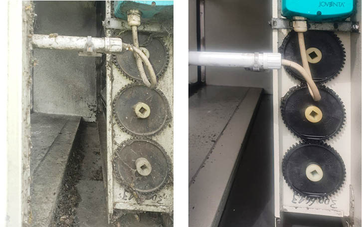 Sauberkeitszustand eines Luftleitungssystems vor und nach der Reinigung.