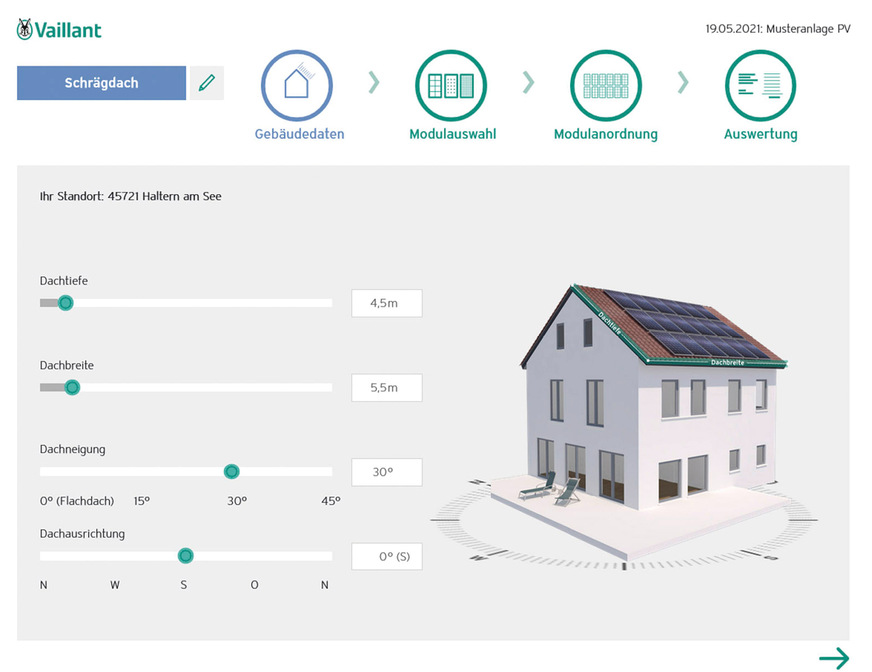 Mit dem Tool „Schnellauslegung PV“ können dem Kunden in kurzer Zeit relevante Fakten zu Größe, Leistung, Solarertrag und Einsparpotenzial sowie Preis einer PV-Anlage vermittelt werden.