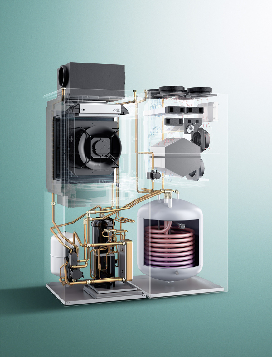 Bei der komplett innen aufgestellten Wärmepumpe sind alle Komponenten innerhalb des Gebäudes in einem gemeinsamen Gehäuse untergebracht. Manchmal befinden sich darin auch noch Warmwasserspeicher und zentrale Lüftungsanlage, was eine technisch einfache und sehr kompakte Installation ermöglicht.