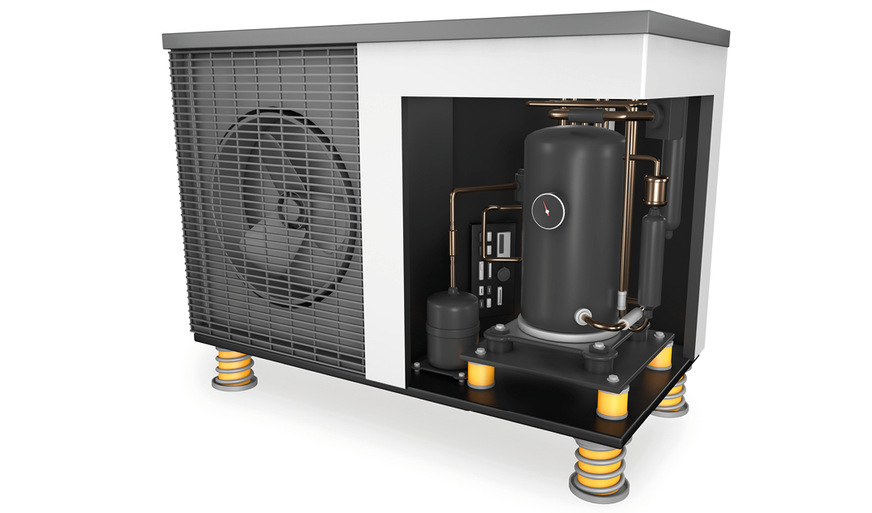 Schwingungsreduktion von Kältemittelverdichter und Wärmepumpen-Gerät mittels hochdämpfenden Polyurethans und Stahlfeder. Die offene Bauweise der Asonatoren ermöglicht eine einfache Belastungskontrolle.