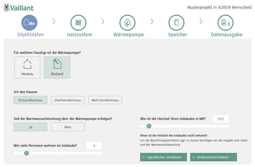 Der Weg durch das Tool beginnt mit der Eingabe der Postleitzahl als Grundlage für die Berechnung der Normaußentemperatur. Für die Berechnung der Heizlast stehen zwei einfache Verfahren alternativ zur Verfügung.