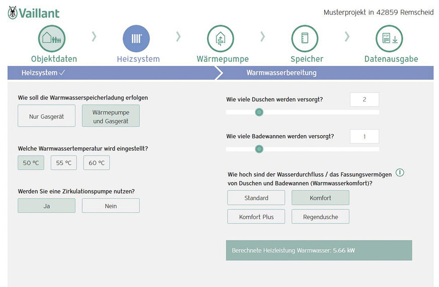 Das benötigte Warmwasservolumen wird über die Anzahl der Personen, Badewannen, Duschen und Art der Duschen berechnet.