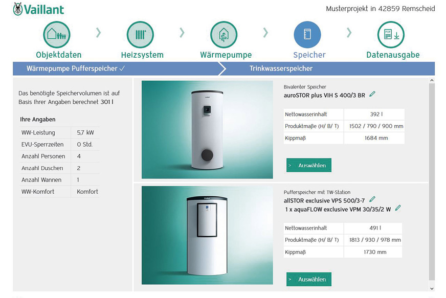Die Entscheidungen für die benötigte Warmwasserspeicher-Technik korrespondieren mit den vorab festgelegten Werten. Fehler in der Auslegung der gesamten Wärmepumpenanlage sind an jeder Stelle des Tools ausgeschlossen.