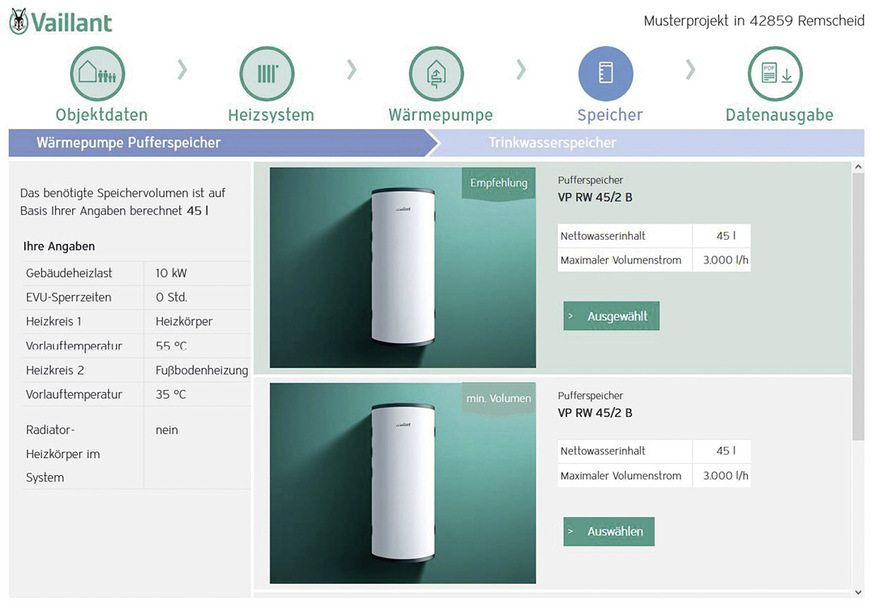 Bei der Berechnung des Pufferspeicherbedarfs besteht eine Auswahlmöglichkeit zwischen verschiedenen Speichertypen.