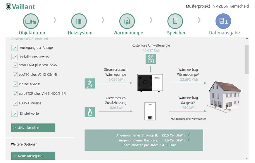 Aus allen eingegebenen und gewonnenen Daten werden abschließend PDF-Dateien mit Auslegungsdaten, Installationshinweisen und Einstellwerten der Wärmepumpenanlage erzeugt.