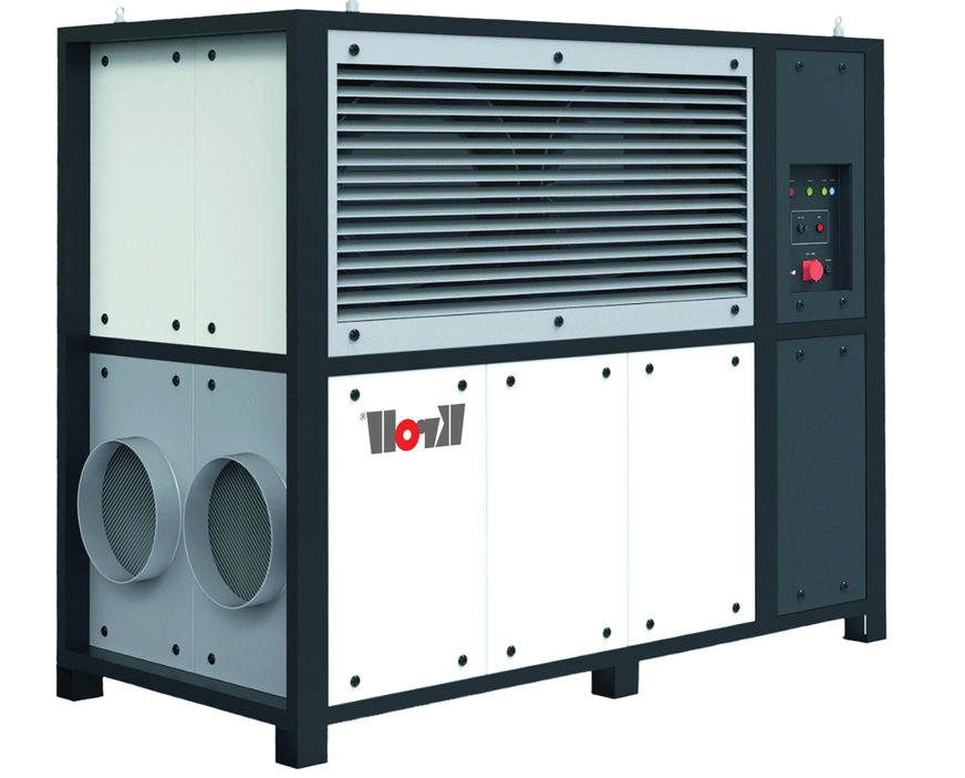 Die strombetriebene Luft-Luft-Wärmepumpe HKK40 ist in einem 2,4 x 1,2 x 2,2 m großen robusten Gehäuse untergebracht.