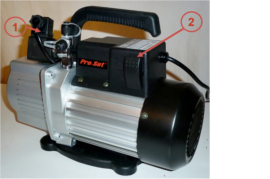 Vakuumpumpe, Typ CPS VPS6DEV (Ausführung mit Magnetventil (1) am Einlass; (2) Ein-Ausschalter)