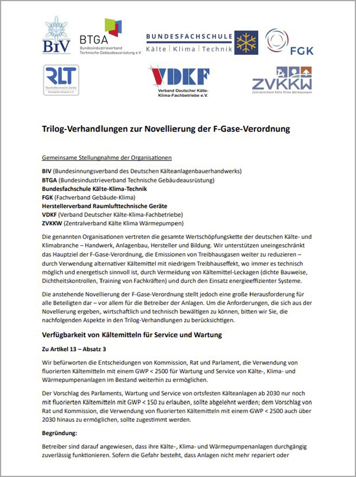 Auszug ﻿aus der Stellungnahme der Kälteorganisationen zur Trilog-Verhandlung.