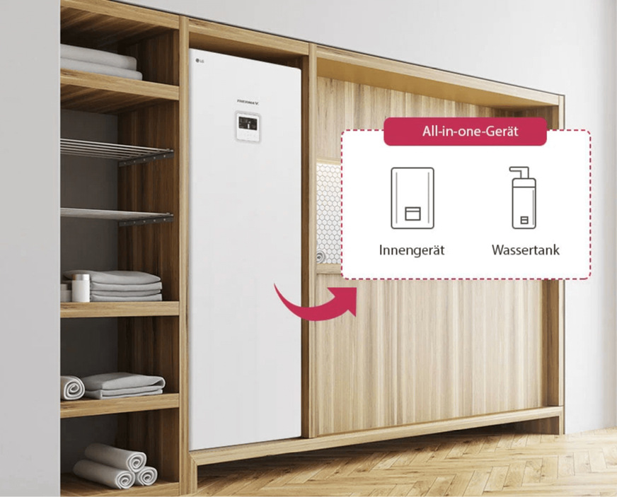 Im Rahmen einer All-in-one-Lösung lassen sich Innengerät und Wassertank der Wärmepumpe Thermea V R32 IWT auch in Möbel integrieren.