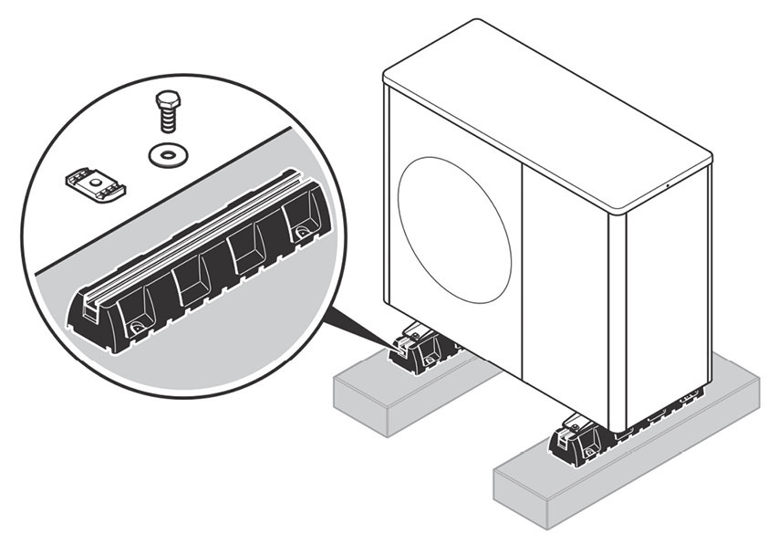 Bodenaufstellung mit großen Dämpfungsfüßen.