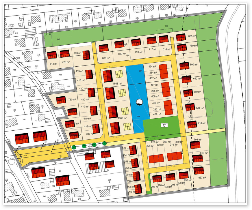 Die rot eingezeichneten Gebäude werden über ein Kaltes Nahwärmenetz versorgt. Die Erdwärmekollektoren-Anlage liegt hier unter dem blau eingezeichneten Regenwasserrückhaltebecken und dem rechts darunter grün eingezeichneten Spielplatz.