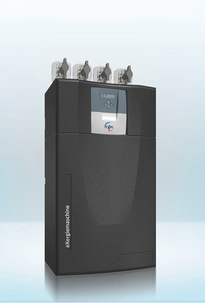 Die eXergiemaschine ist als kompaktes Wandgerät mit 3 oder 5 kW thermischer Leistung oder als etwa kühlschrankgroßes Standgerät mit 5 bis 40 KW Wärmeleistung erhältlich.