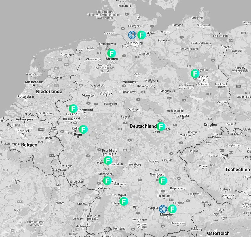 Mit Standorten von Hamburg bis München und von Köln bis Weimar bietet Felderer bundesweit Zugang zu hochwertigen Lüftungsprodukten.