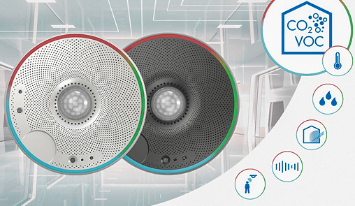Der Smart Sensor viaSens erfasst Temperatur, Feuchte, Helligkeit, Luftqualität (VOC, CO2), Bewegung (Präsenz) und Geräuschpegel.
