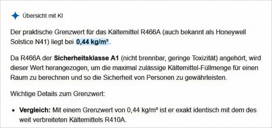 Das waren zwei von vielen unterschiedlichen, aber falschen Antworten auf die Frage nach dem praktischen Grenzwert des Kältemittels R466A – man könnte ebenso gut würfeln.