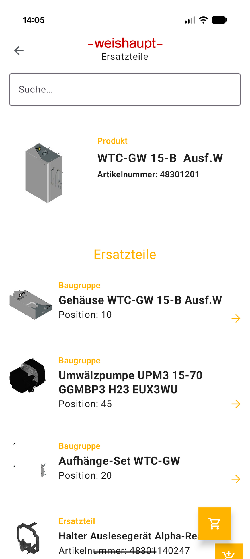 Screenshot der Ersatzteil-App.