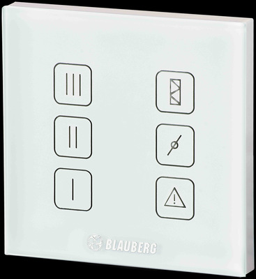 Die Lüftungsanlage verfügt über ein eingebautes Wand-Bedienfeld mit Touchscreen und LED-Anzeigen. Links sind die drei Lüftungsstufen zu sehen, auf der rechten Seite befinden sich von oben nach unten die Anzeigen für Filter, Bypass und Alarm. - © Bild: Blauberg
