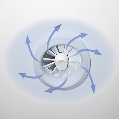 Luftführung bei Dralldurchlässen mit Stellmotor: Im Kühlfall strömt die Zuluft waagerecht oder leicht schräg nach unten aus dem Auslass. - © Bild: Trox
