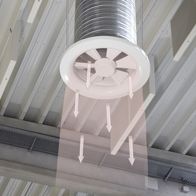 Im Heizfall wird die Zuluft­strömung per Stellmotor auf „senkrecht nach unten“ eingestellt.