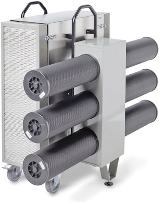 Luftreiniger CC 2000 in mobiler Ausführung mit Aktivkohleaufsatz für eine effiziente und geräuscharme Luftreinigung von Partikeln und Gasen in großen Innenräumen