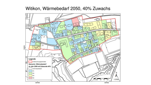 Beispiel „Szenario Wärmebedarf im Jahr 2050 mit einer Zubaurate von 40 Prozent an Erdwärmesonden für den schweizerischen Ort Witikon“. Farbig hinterlegt die klassifizierten Regenerations­anforderungen. - © CDS Ingenieure
