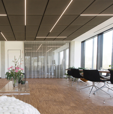 Die Innenräume des Gebäudekomplexes sind mit einer eigens entwickelten bronzefarbenen Streckmetalldecke bestückt.