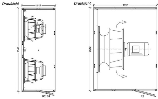 Ein exemplarisches Konfigurationsbeispiel für ein Gerät mit einer Luftleistung von 40.000 m³/h zeigt: Die erforderliche Baulänge des Ventilatormoduls ergibt beim „Freiläufer“ 1932 mm, während das Fanwall Modul mit vier EC-Ventilatoren mit nur 1.017 mm realisiert werden kann.