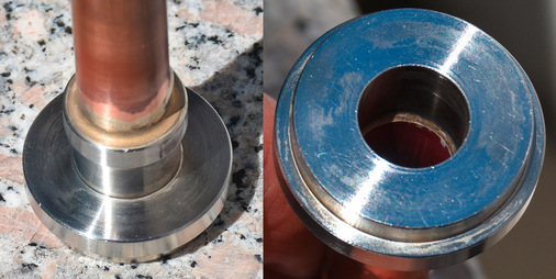 So sieht die Fertigungslötung mit Tiefeninduktion routinemäßig, also ganz ohne vorherige Reinigung und „nachlässig handgeführt“ aus. Oben (links) wie unten (rechts) komplett kerbfrei.