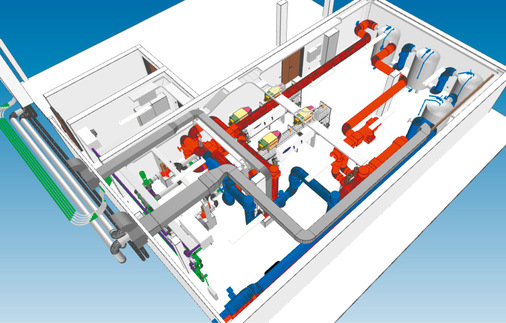 BIM-Modell (Building Information Modeling) der Anlagentechnik im Rahmen der digitalen Planung des Abwärmekonzepts.