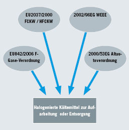 Bild 1: Verordnungen und Richtlinien auf EU-Ebene, die zur fachgerechten 
Entsorgung halogenierter Kältemittel verpflichten
