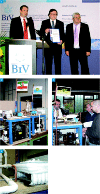 1 Martin Schaffstein (Mitte), Ehrenobermeister der Innung Münster, mit der 
Silbernen Ehrennadel des BIV2 Am Nachmittag, während der Bewertung durch die 
Prüfer, waren die Anlagen der beiden Erstplatzierten noch in Aktion zu 
sehen3 Die Prüfer bei der…