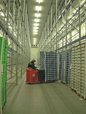 Warenbeschickung in einer der fünf Kühlboxen. Hinten an der Raumdecke ist 
einer der Wand-/Deckenhochleistungsverdampfer der Type S-GGHF sichtbar
