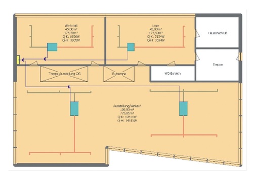 Bild 6: Grundriss und VRV-Anlagentechnik für den geplanten Gewerbeneubau

