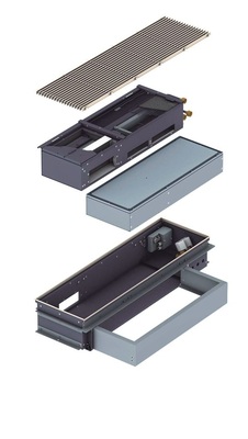 Explosionszeichnung eines Lüftungsgerätes. Unten: Leerkanal, Mitte: 
alternativ ein Außenluft- und ein Sekundärluftmodul, oben: Linearrost
