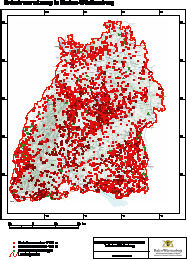 Diese Übersichtskarte von Baden-Württemberg zeigt die Verteilung von 
Erdwärmeanlagen Stand April 2008
